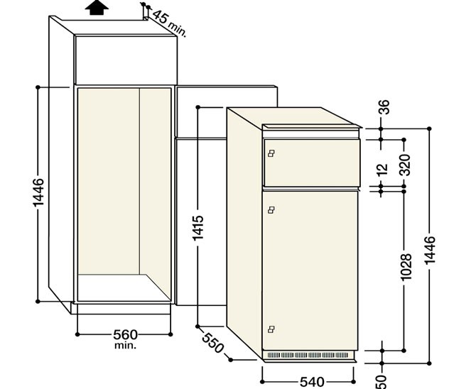 Схема встраивания холодильника в шкаф